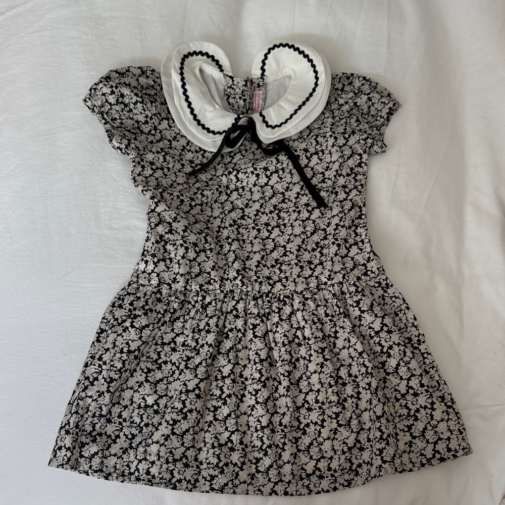 La Coqueta Black and White Floral Dress with Scalloped Collar